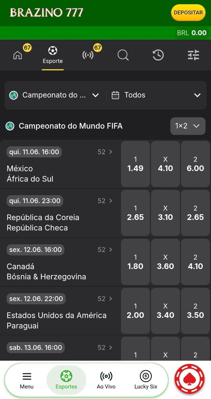 Captura de tela da Brazino777 na página das apostas na Copa do Mundo exibindo os jogos disponíveis para palpitar no pré-jogo.