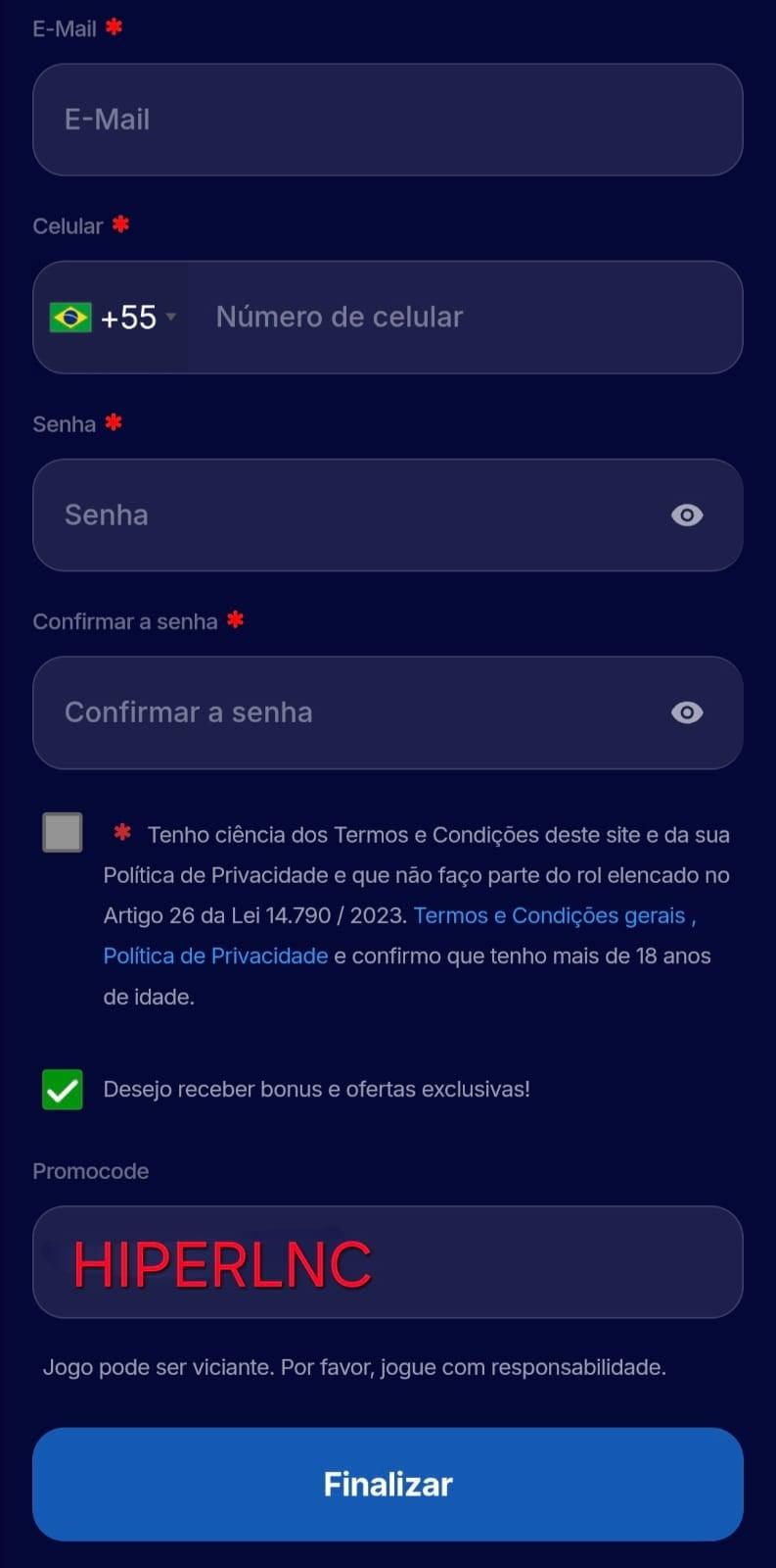 Captura de tela do formulário de cadastro na Hiperbet com o código promocional HIPERLNC preenchido.