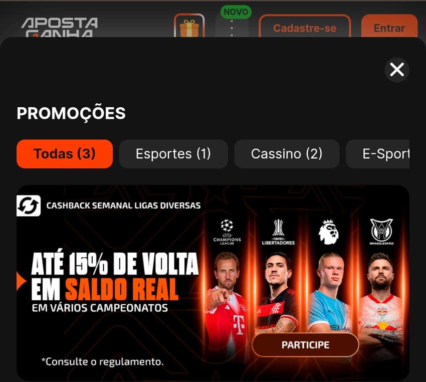 Captura de tela do bônus Aposta Ganha de cashback em esportes.