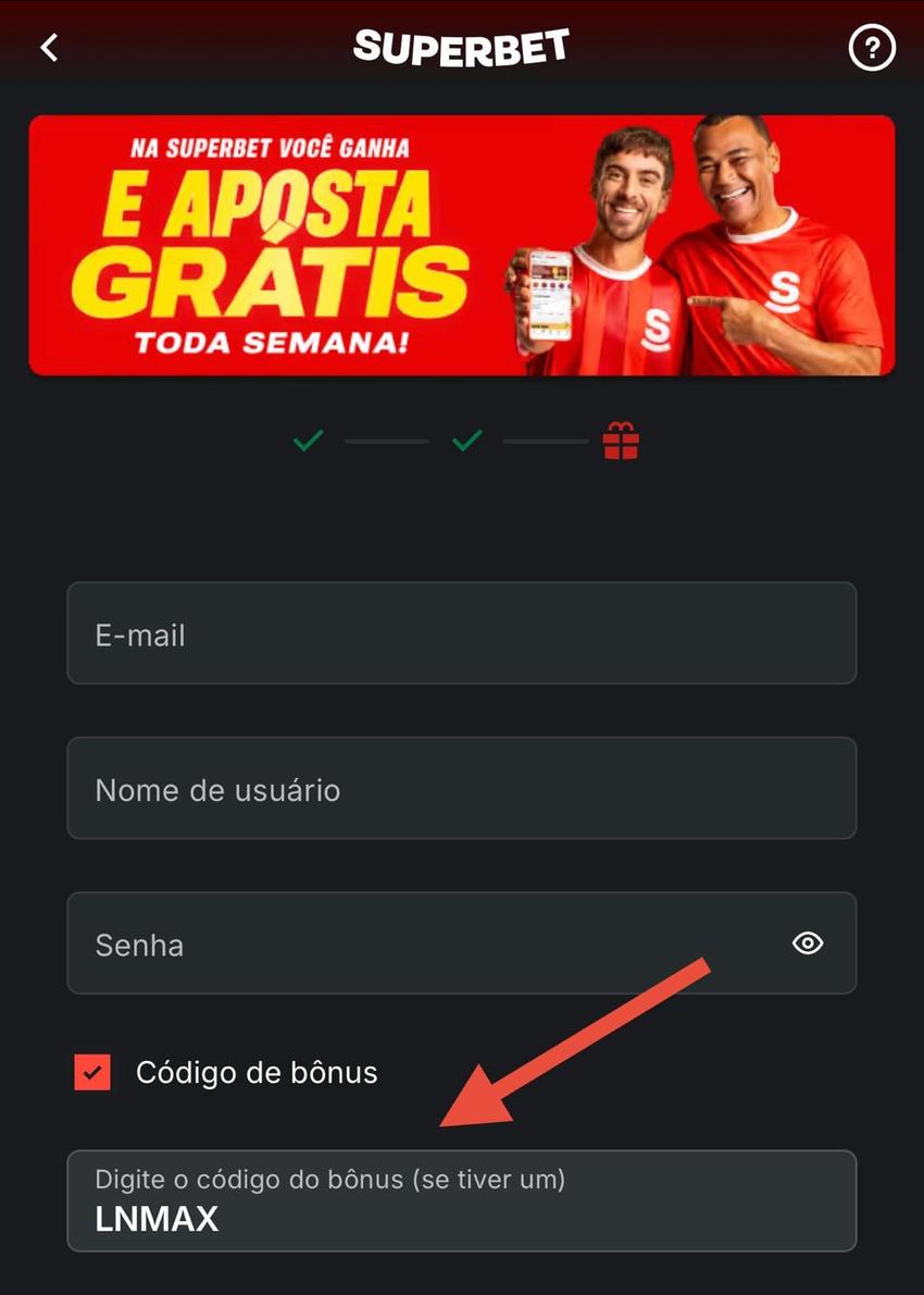 Captura da tela que mostra onde inserir o código de bônus Superbet.