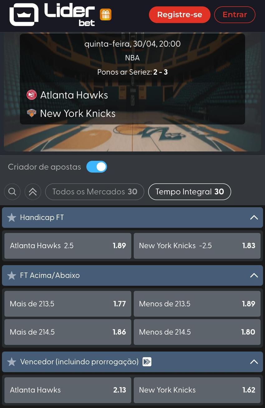 Captura de tela do Criar Aposta no basquete da Liderbet.