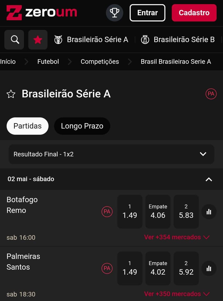 Captura de tela das apostas no Brasileirão na Zeroum Bet.