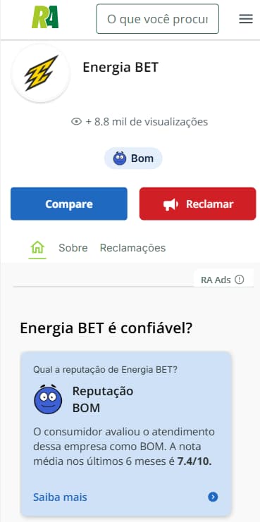 Página oficial do Reclame Aqui com avaliações da Energia Bet
