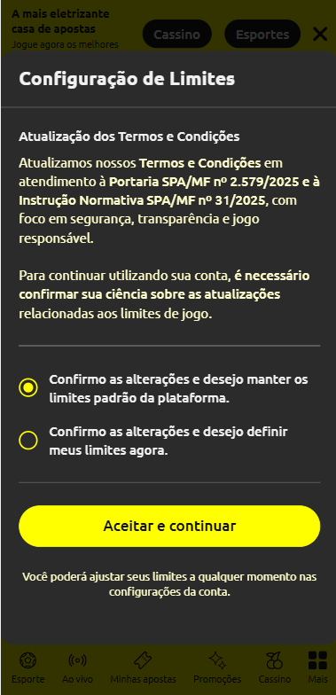 Configuração de limites na Energia Bet no 1º login