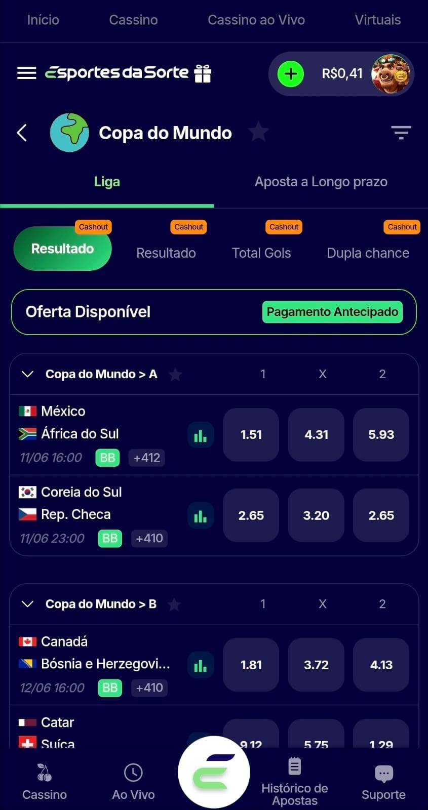 Captura de tela da Esportes da Sorte exibindo os mercados de apostas para a Copa do Mundo.