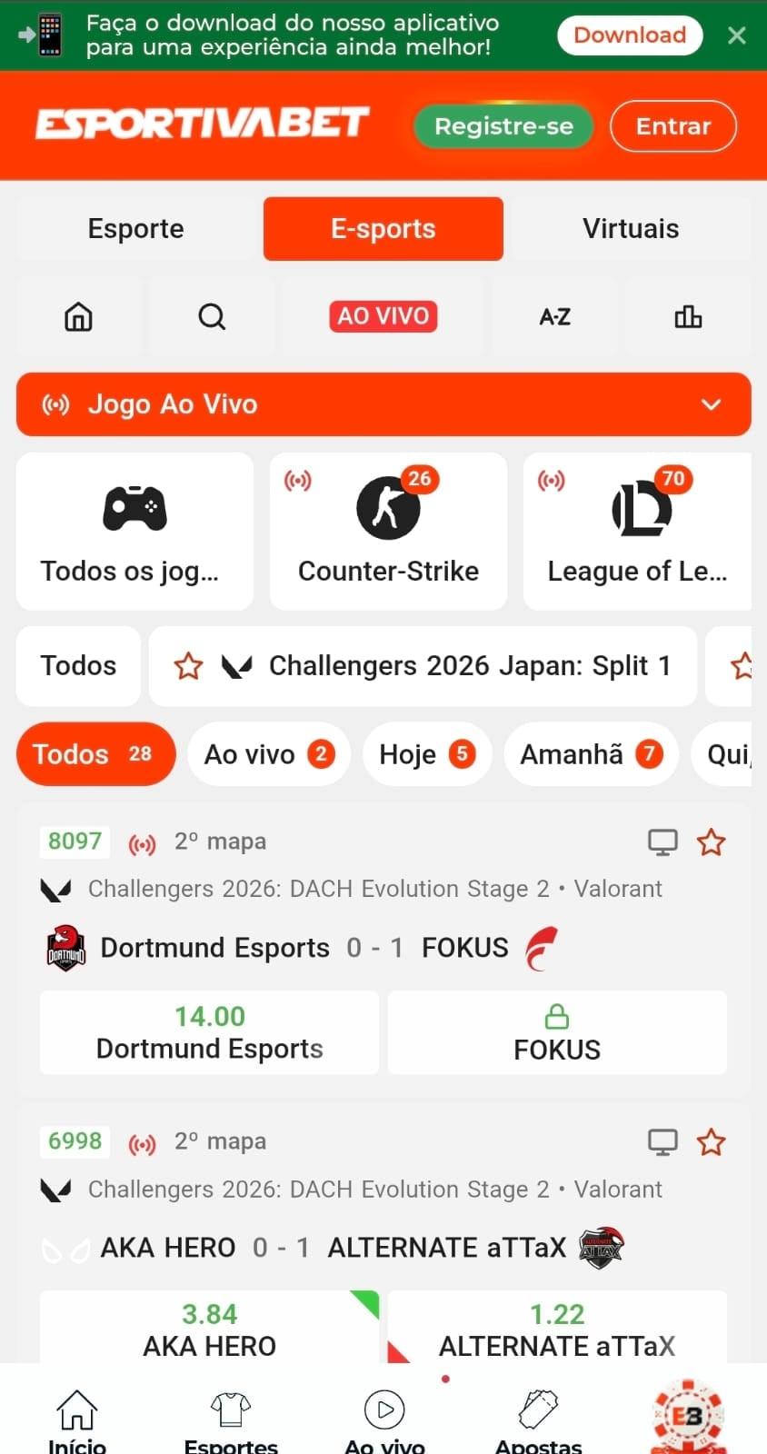 Captura de tela da Esportiva Bet com os jogos disponíveis para apostar em Valorant no Challengers 2026.
