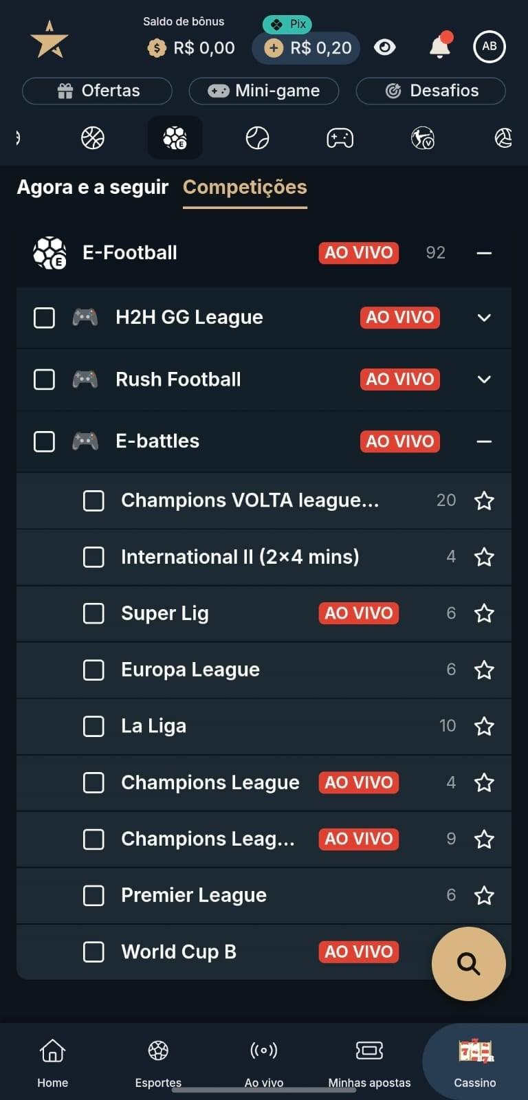 Captura de tela das competições de jogos disponíveis para apostas FIFA na EstrelaBet.