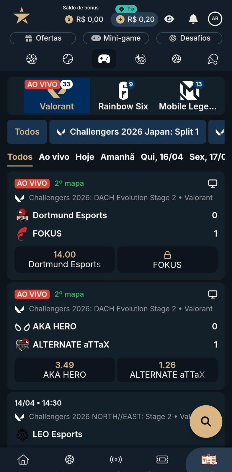 Captura de tela da página de apostas em Valorant no site legalizado da EstrelaBet.