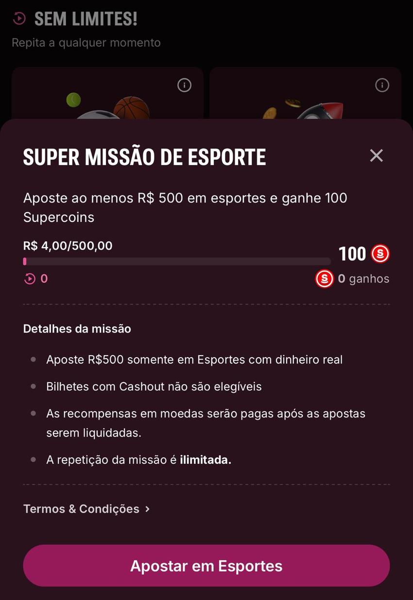 Captura de tela das missões na Superbet.