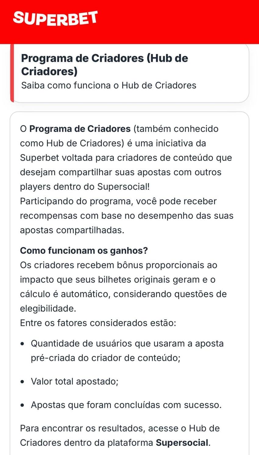 Captura de tela do Programa de Criadores da Superbet.