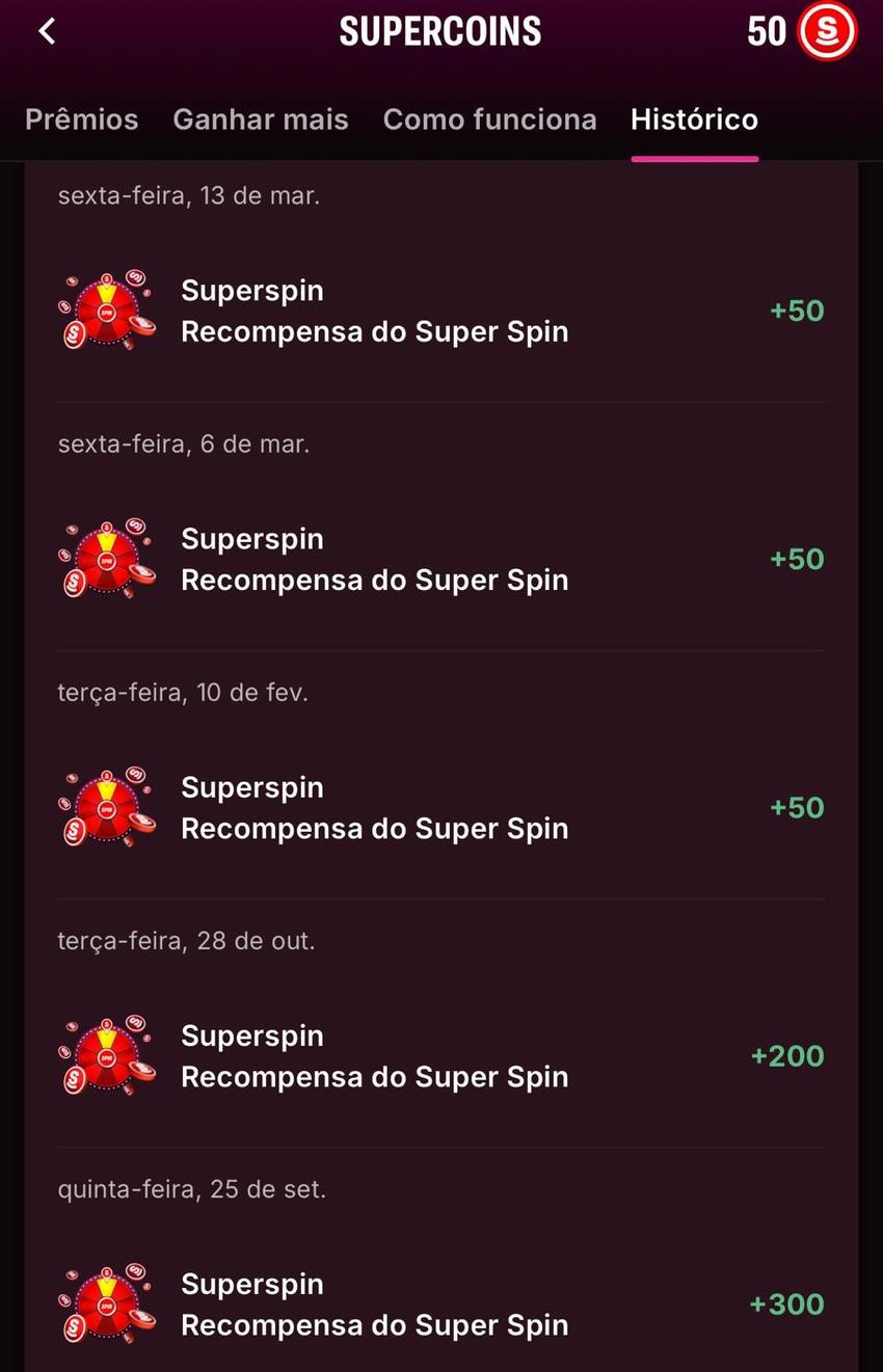 Captura de tela mostra ganhos em SuperCoins na Superbet.