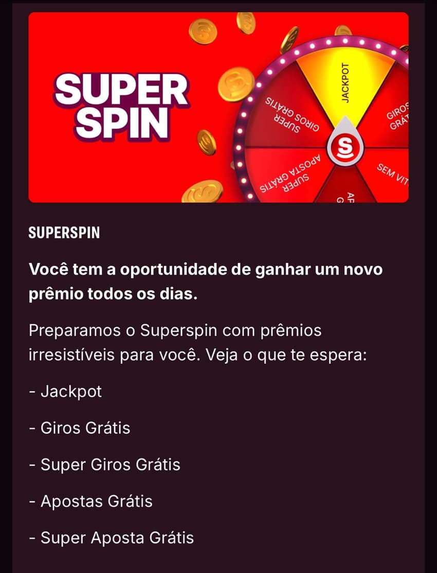 Captura de tela da SuperSpin, promoção com giros grátis da Superbet.