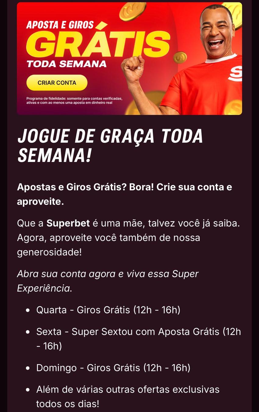 Captura de tela da promoção Aposta e Giros Grátis Toda Semana da Superbet.