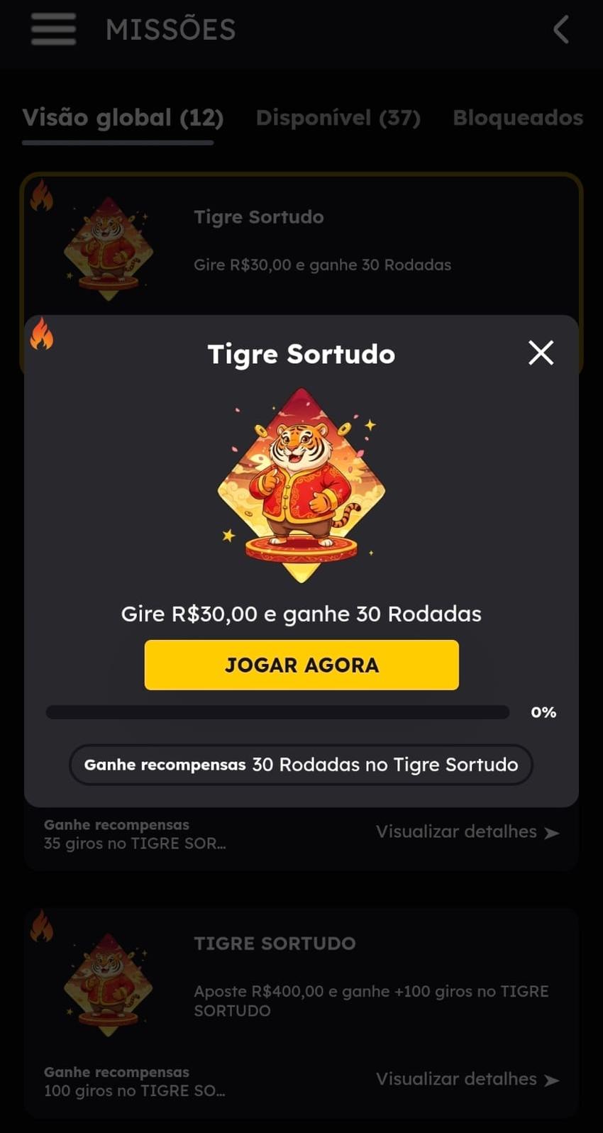 Captura de tela na Gol de Bet exibindo uma das missões do cassino com recompensa de rodadas grátis.