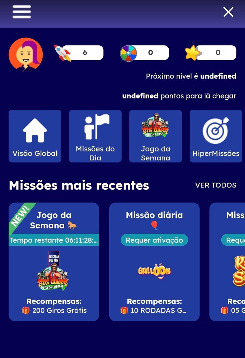 Captura de tela das missões recentes na Hiperbet ativas na seção Hiper Missões.