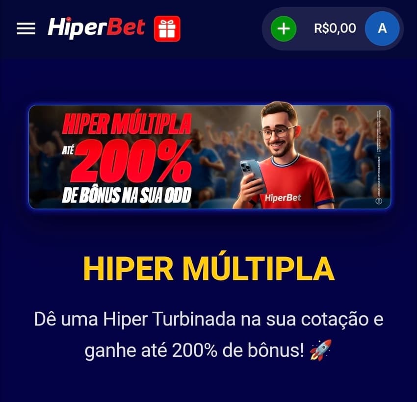 Captura de tela da oferta Hiper Múltipla de 200%, disponível após se cadastrar com o código promocional Hiperbet.