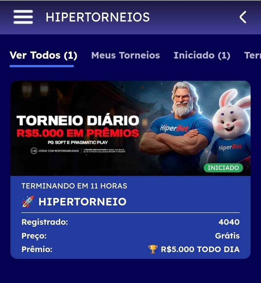Captura de tela do Hiper Torneio na Hiperbet com prêmio diário de R$5.000 para os usuários mais bem colocados.