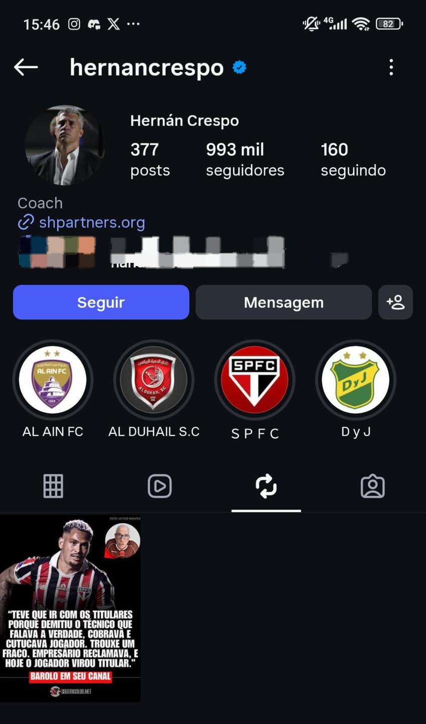 Crespo compartilha post que direciona críticas ao atual técnico do São Paulo (Foto: Reprodução/Instagram)
