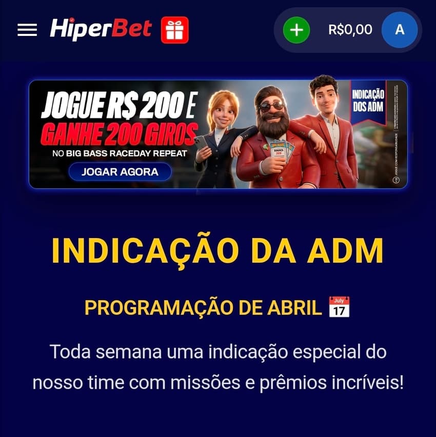 Captura de tela da imagem da promoção Indicação da ADM na Hiperbet com giros grátis válidos para abril de 2026.