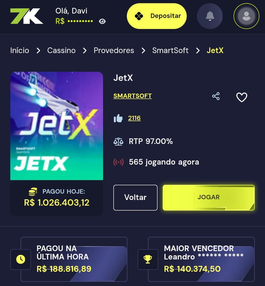 Captura de tela de quanto JetX pagou na Bet7k.