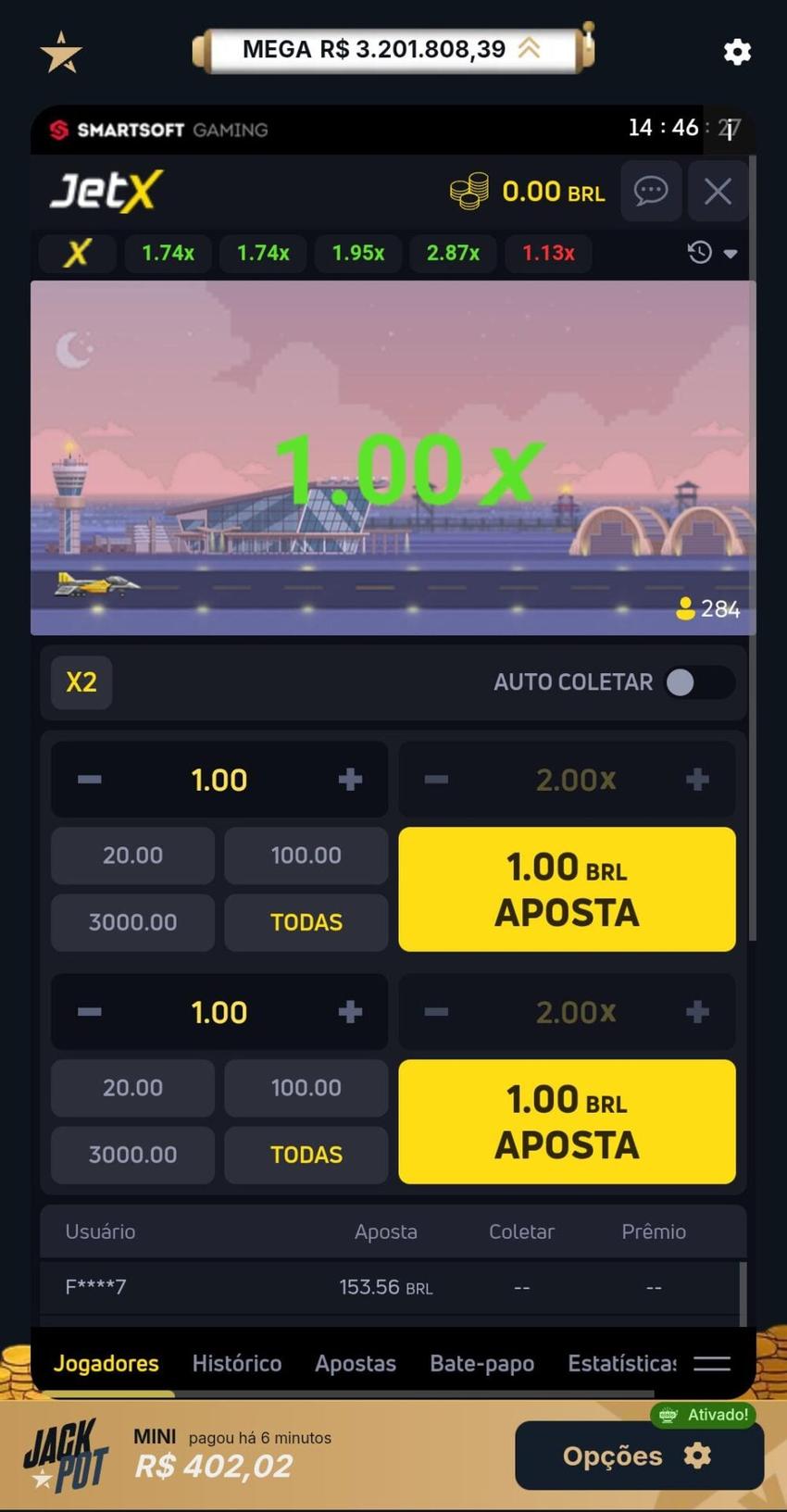 Captura de tela do JetX na Estrela Bet.