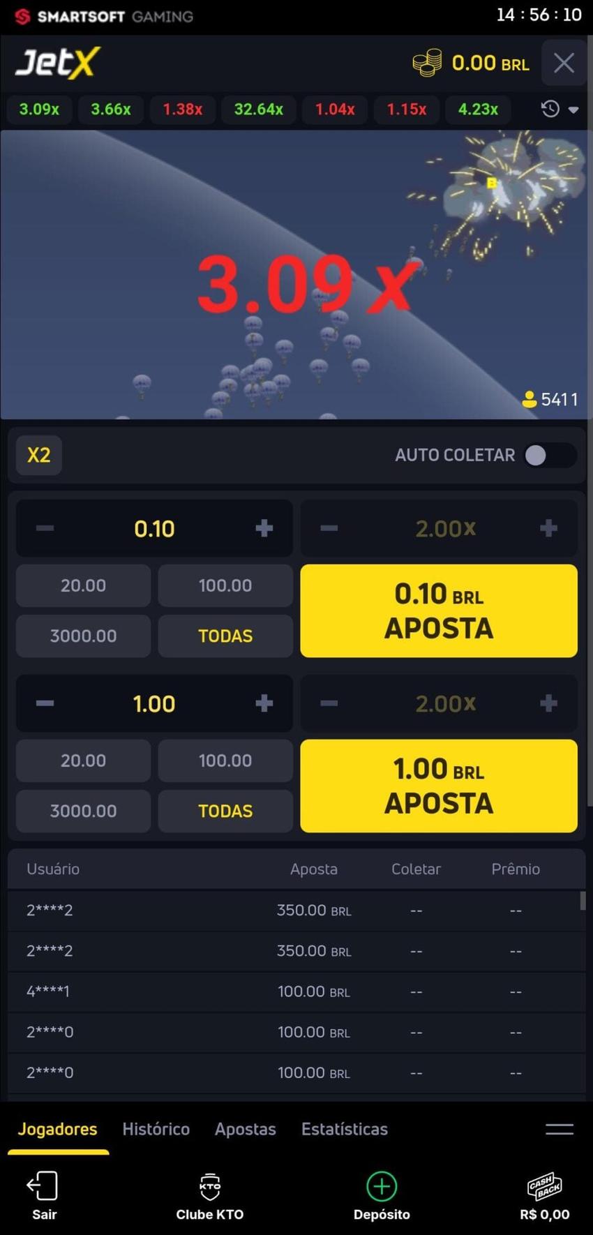 Captura de tela do crash game JetX na KTO.