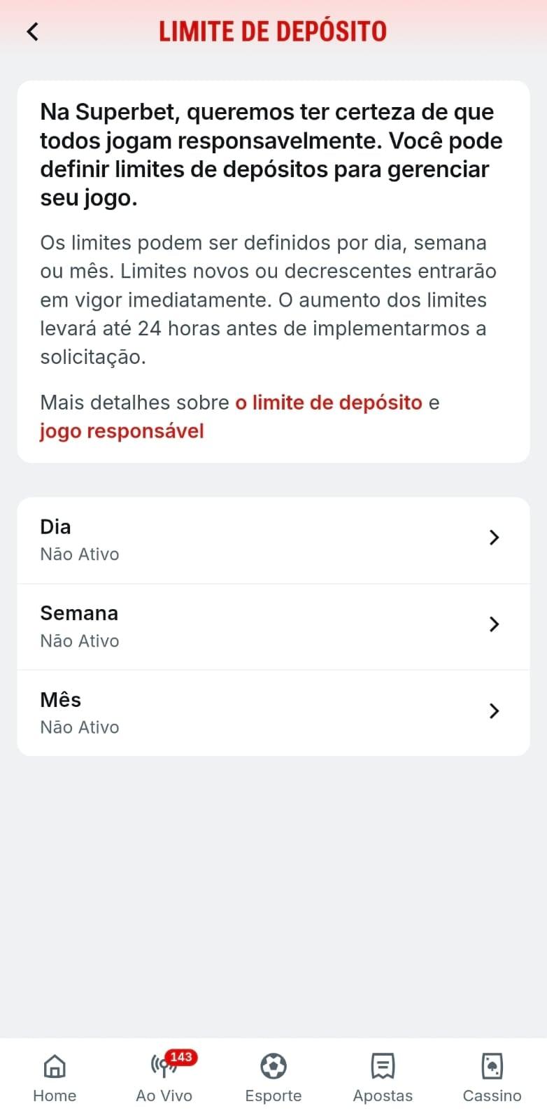  Captura de tela usando o limite de depósito na Superbet para restringir o valor permitido de depósitos na conta.