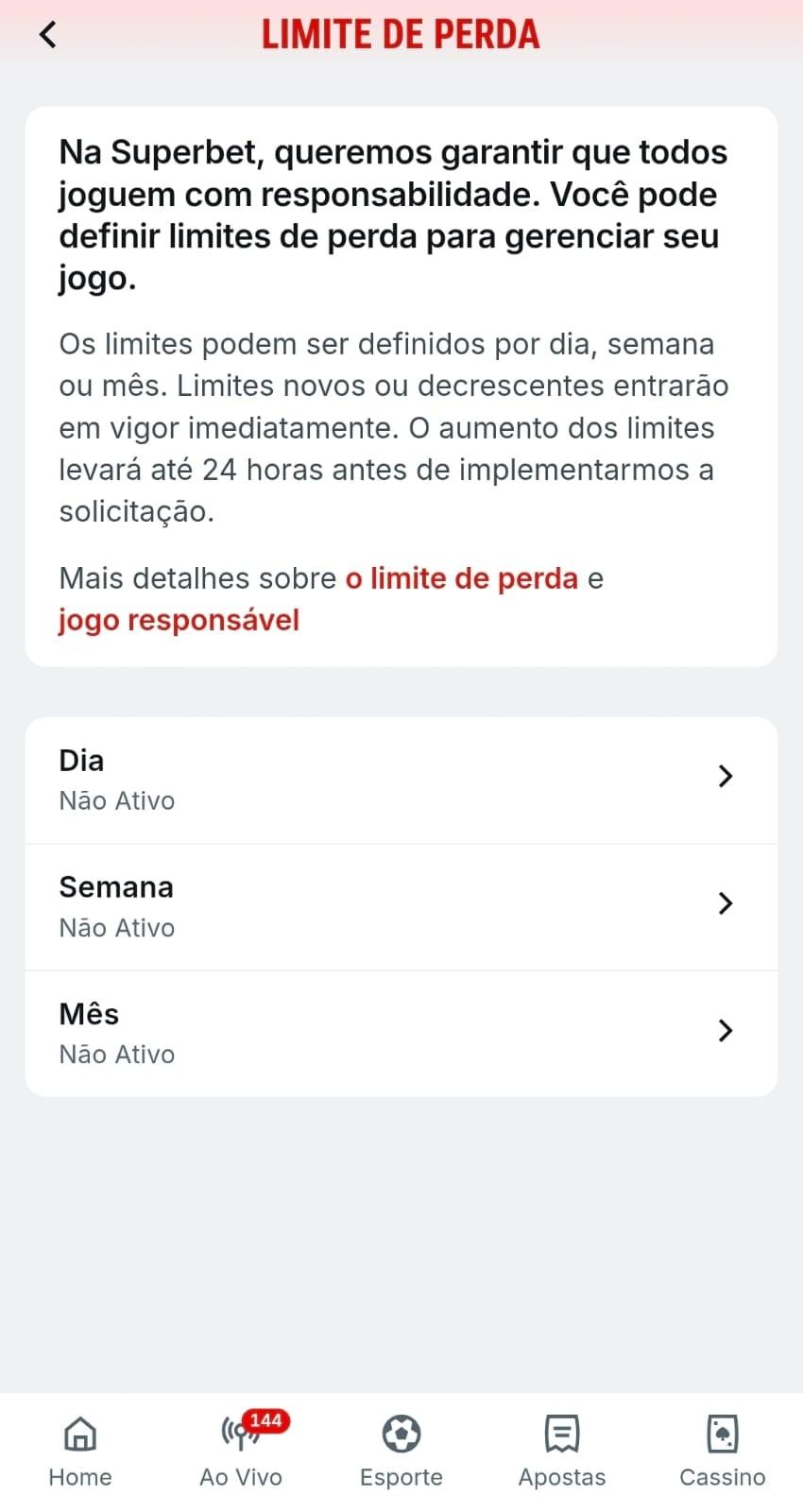 Captura de tela das ferramentas de jogo responsável na Superbet com os botões e opções para restringir o valor de perdas em apostas.