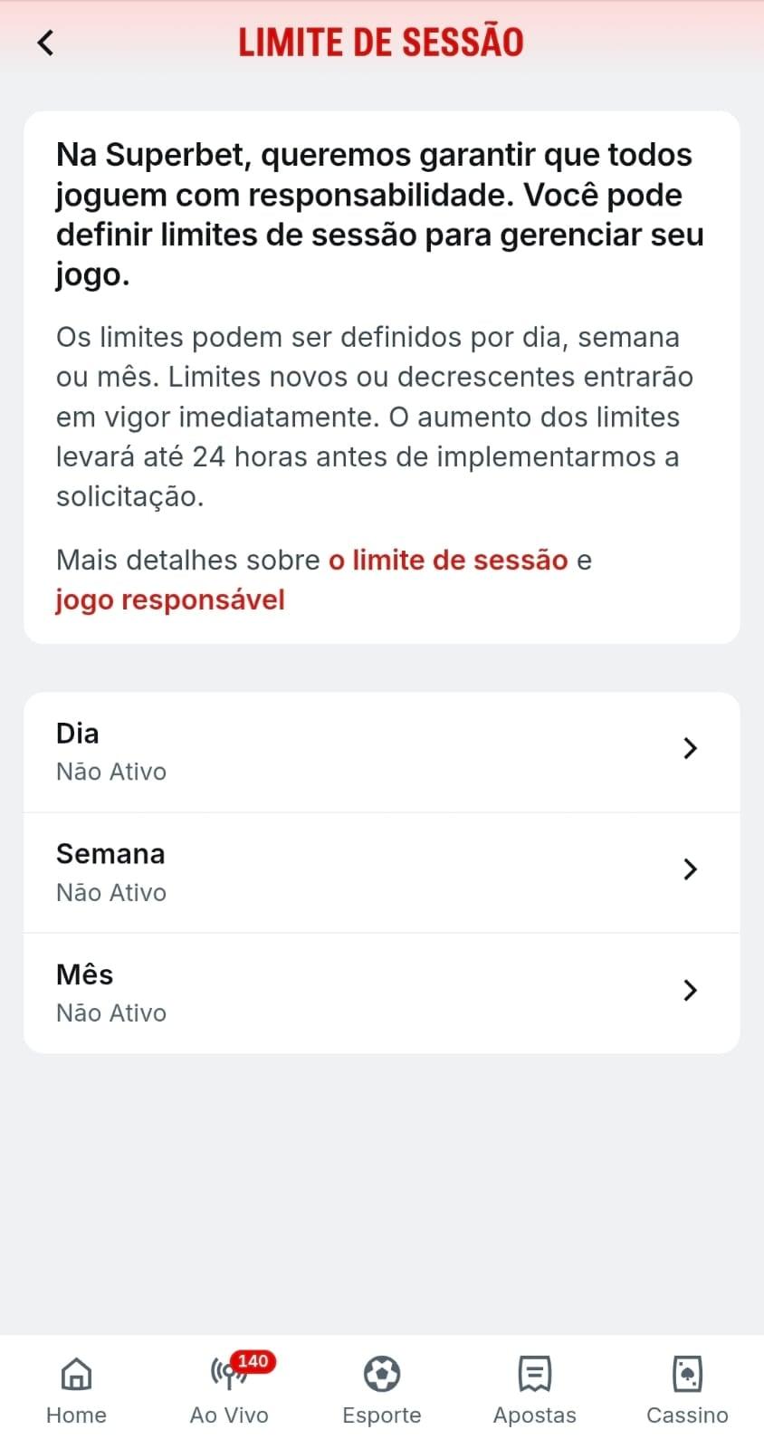 Captura de tela da ferramenta de jogo responsável para limitar o tempo de sessão de apostas na Superbet.