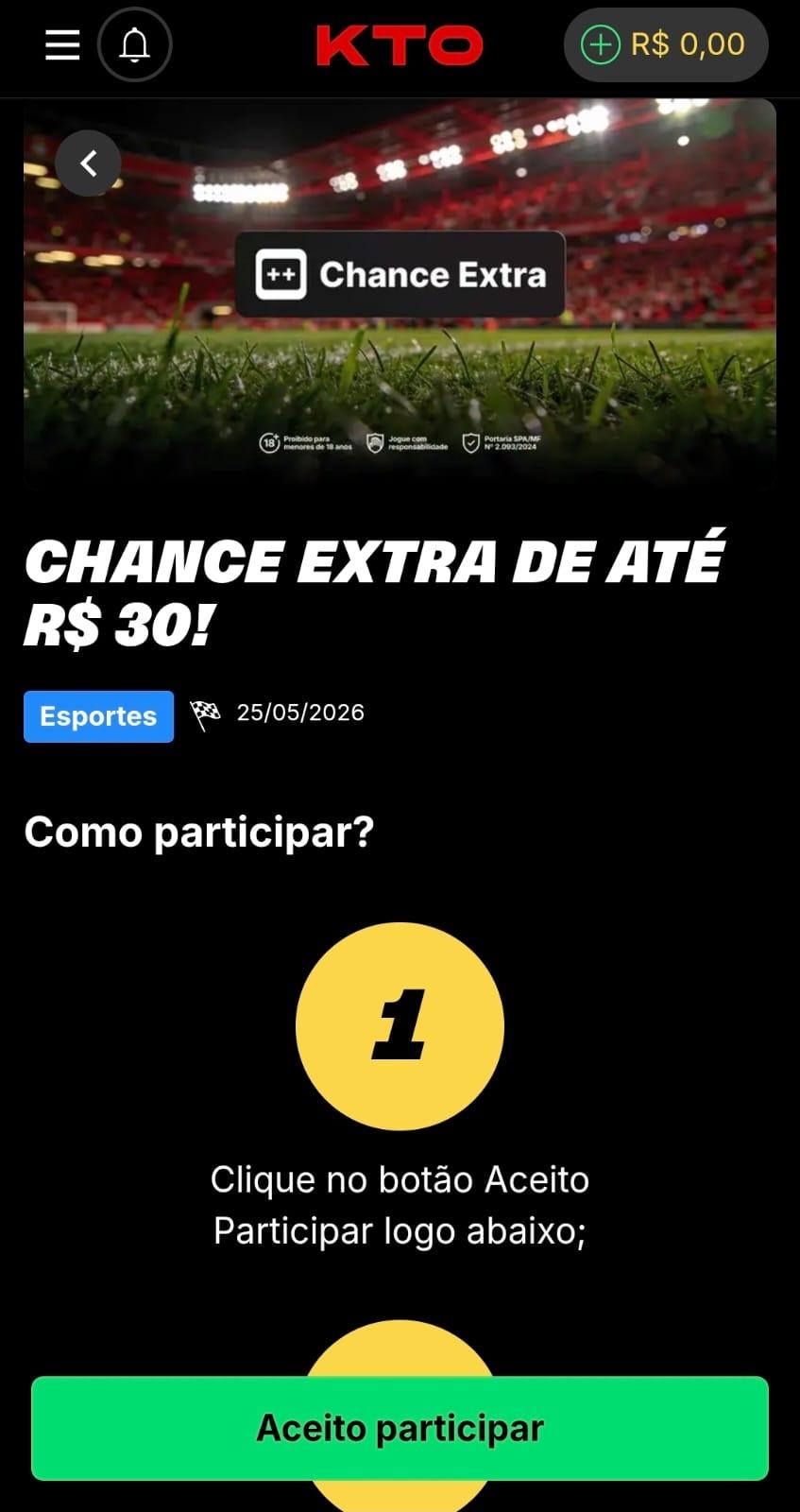 Captura de tela da KTO com a oferta Chance Extra de até R$30 válido para apostar na Copa do Mundo.