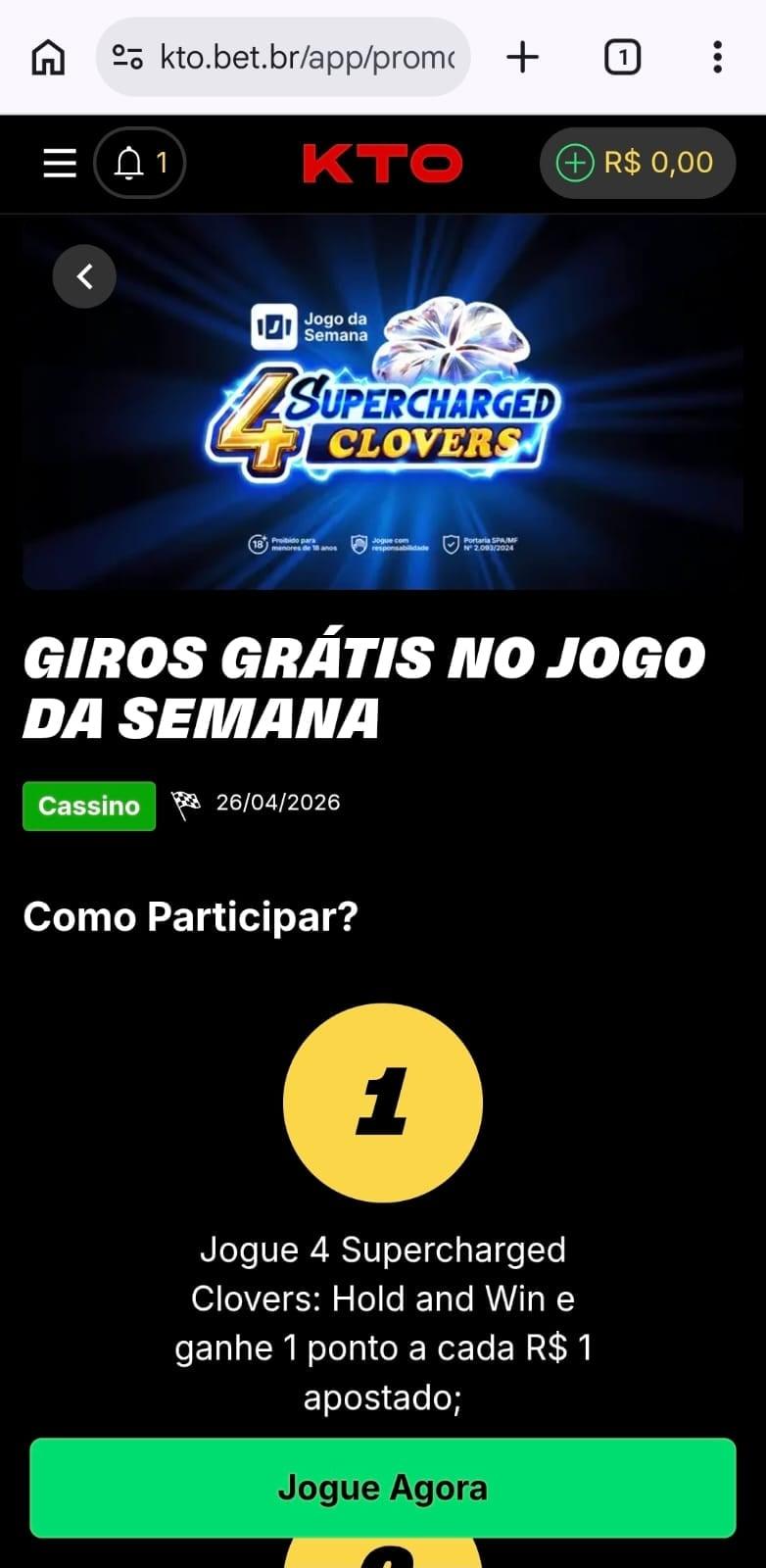 Captura de tela da KTO exibindo a promoção do Jogo da Semana com rodadas grátis no cassino.
