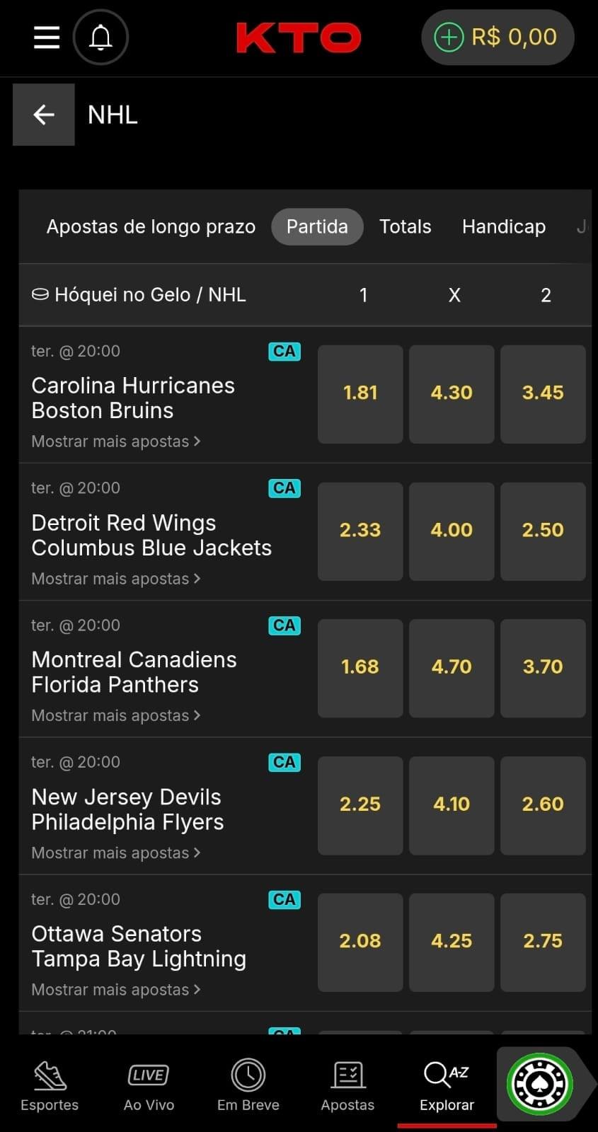 Captura de tela da página de apostas na NHL na KTO com o calendário de jogos cobertos.