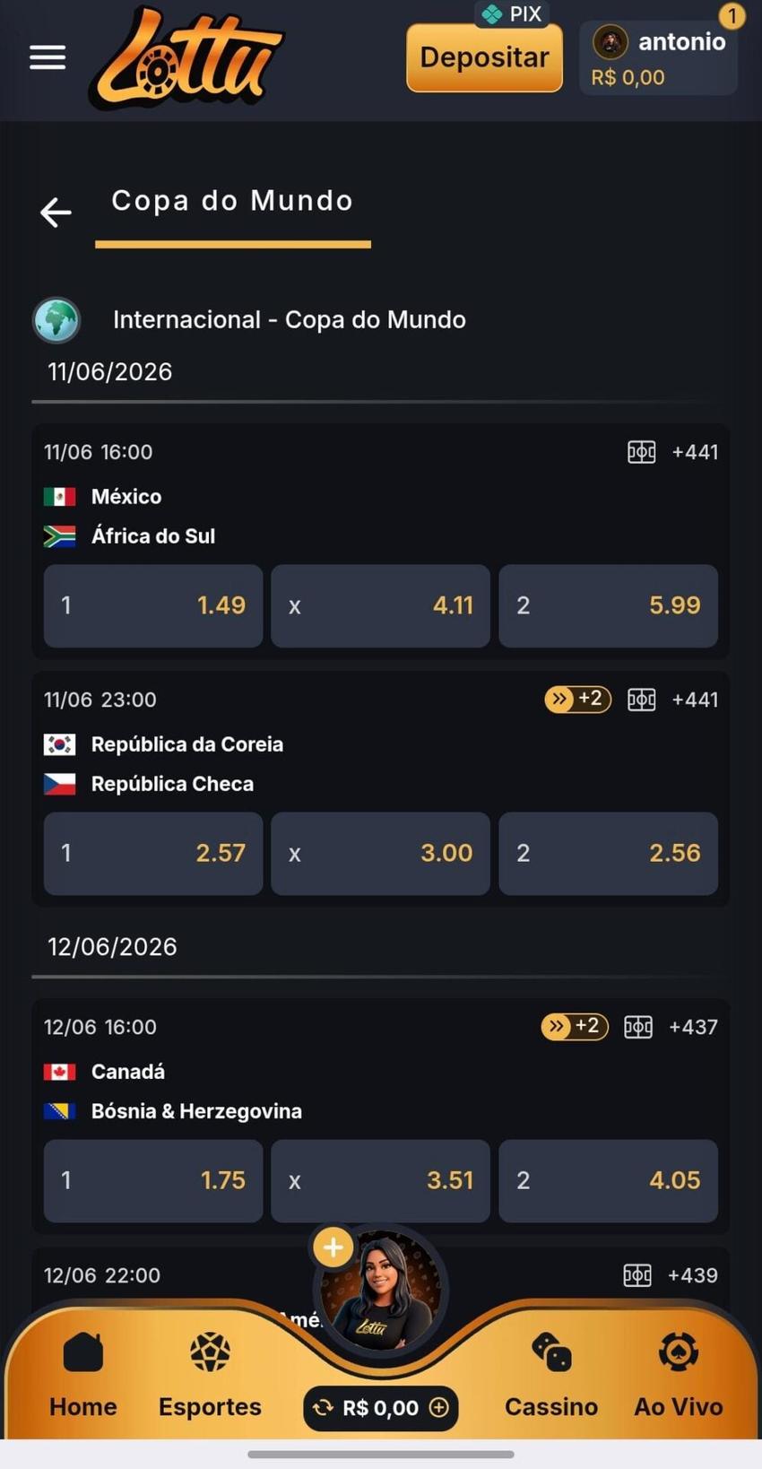 Captura de tela da Lottu na seção de apostas na Copa exibindo jogos e mercados ativos.