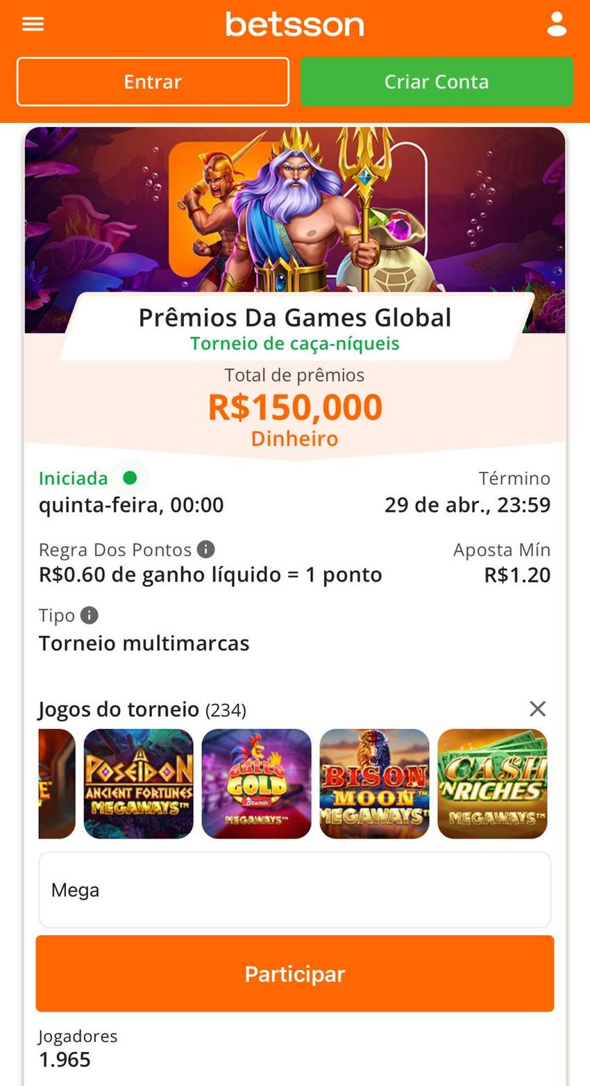 Captura da tela de torneios em slots megaways na Betsson.
