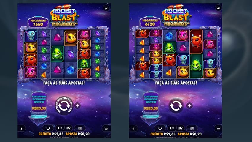 Captura de tela mostra dois giros diferentes no jogo Rocket Blast Megaways na Estrela Bet.