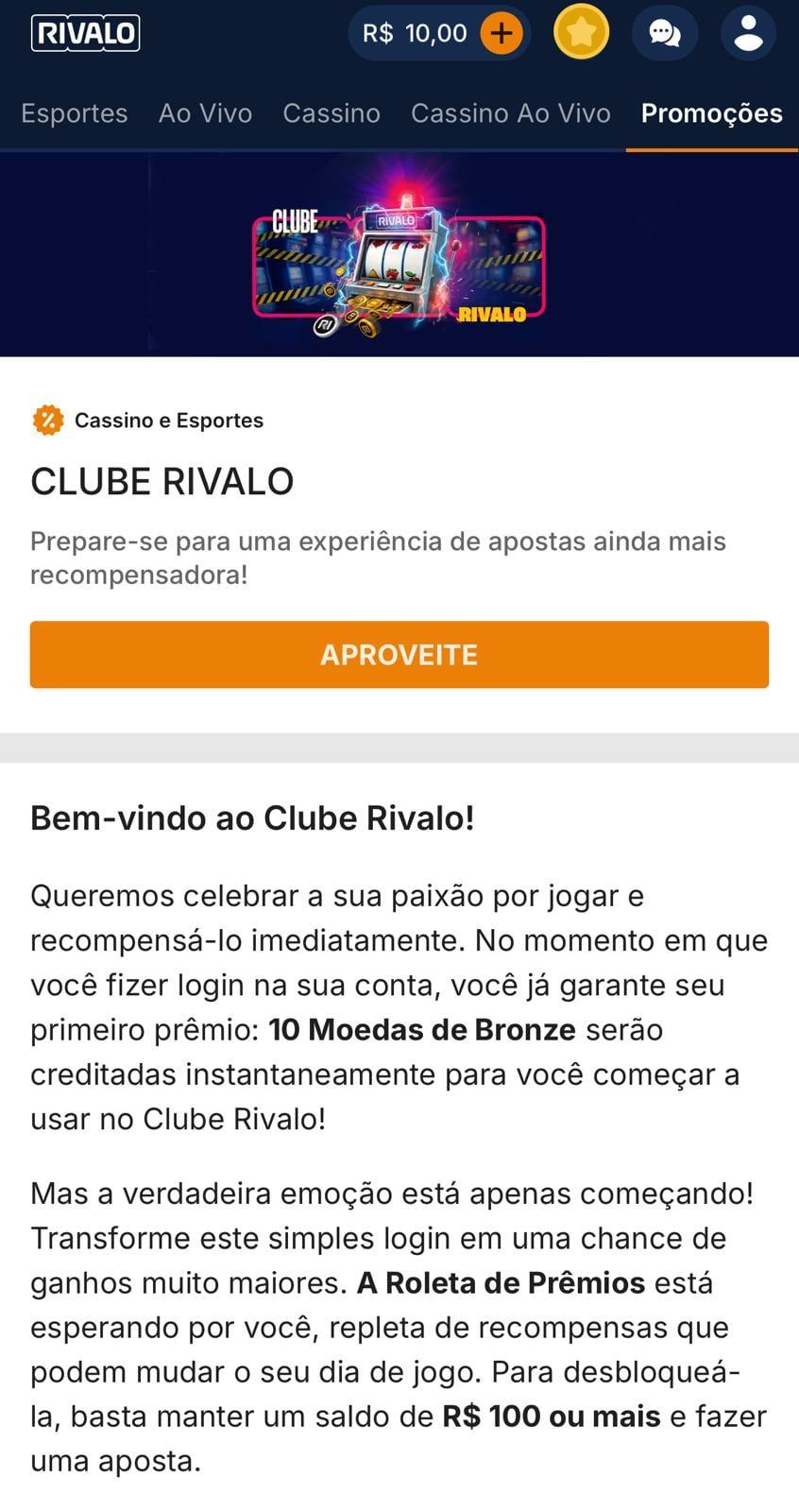 Captura de tela da promoção do Clube Rivalo.