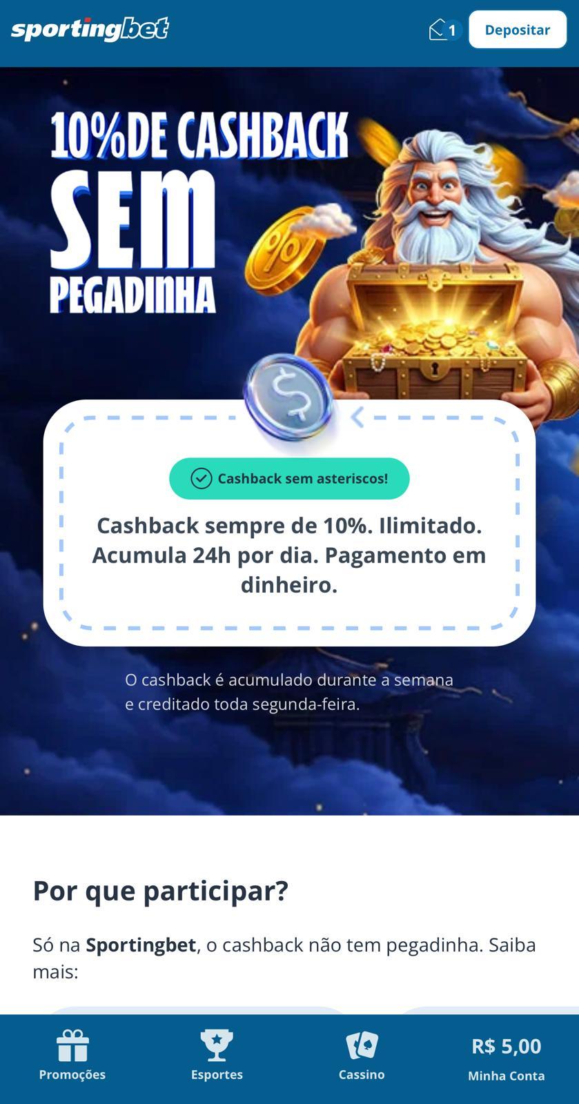 Captura de tela da promoção de cashback em cassino da Sportingbet.