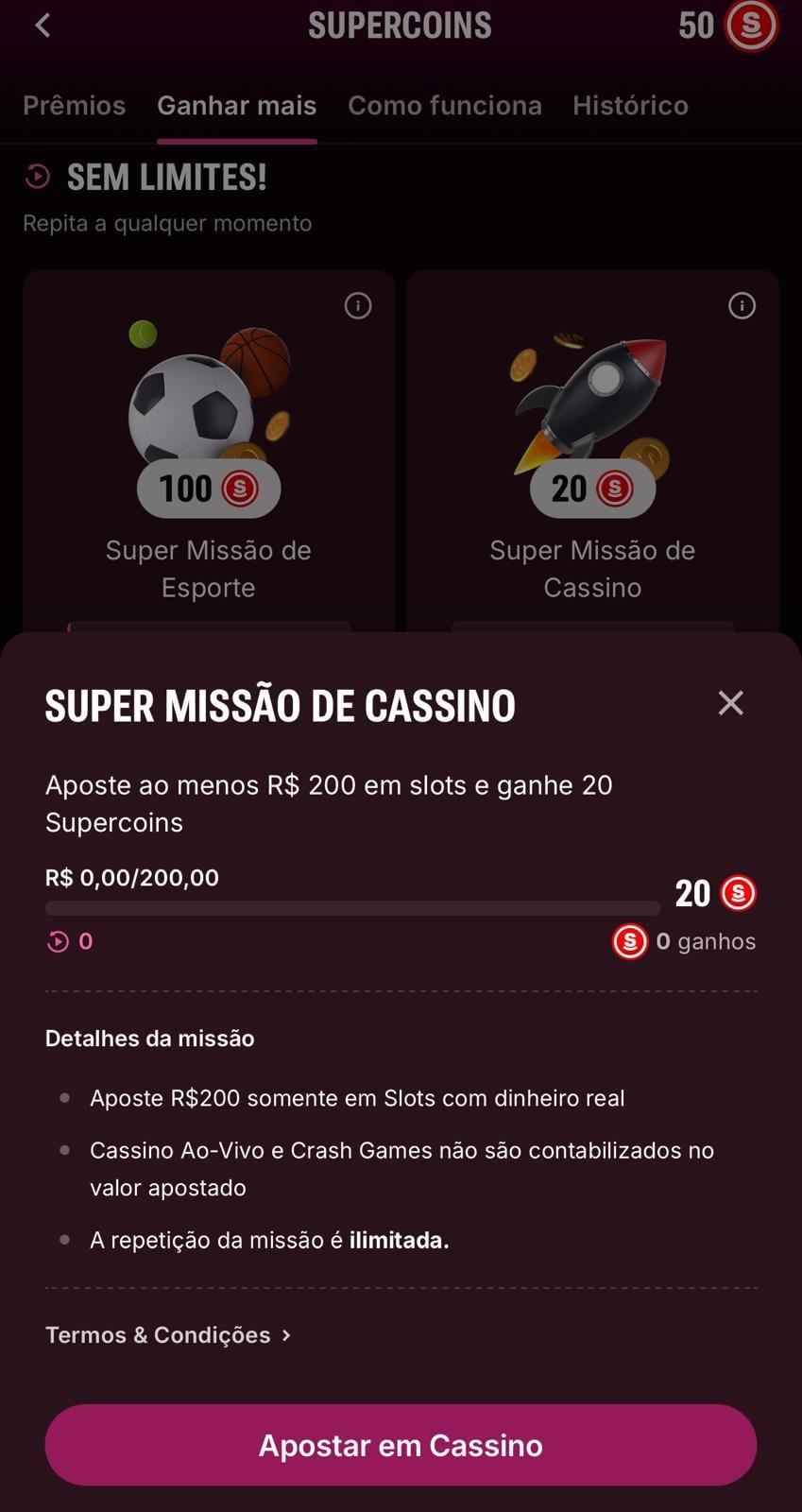  Captura da tela de Missões em cassino na Superbet.