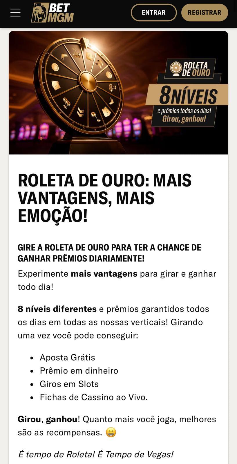 Captura de tela mostra promoção Roleta de Ouro na BetMGM.