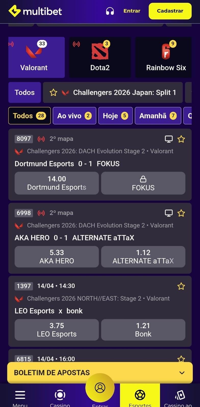 Captura de tela da Multibet na seção de apostas em Valorant com jogos ao vivo e agendados.