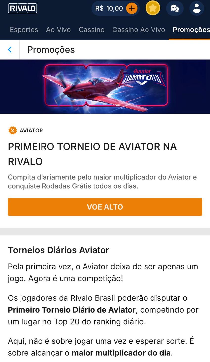 Captura de tela do Torneio de Aviator da Rivalo.