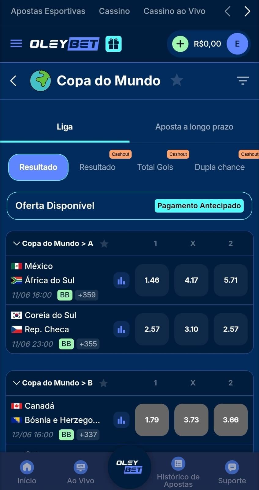 Captura de tela da Oleybet com os mercados de apostas ativos para a Copa do Mundo de 2026.