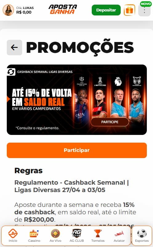 Captura de tela da promoção de cashback em apostas esportivas na Aposta Ganha.