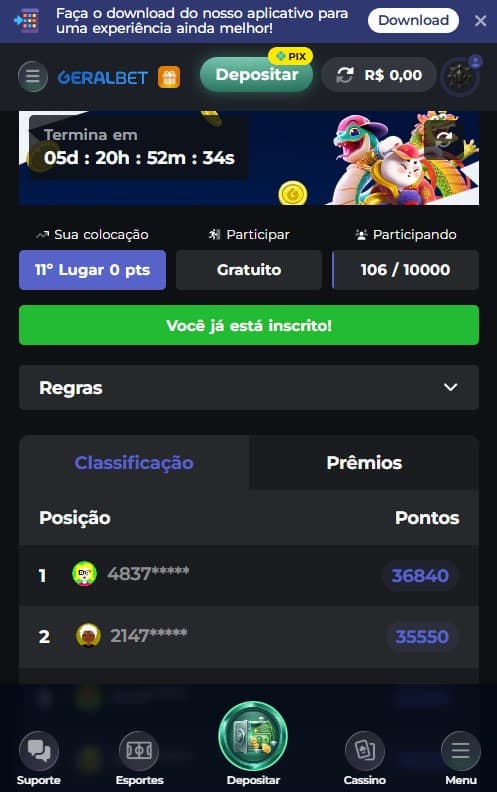 Captura de tela do torneio semanal que vale bônus na GeralBet.