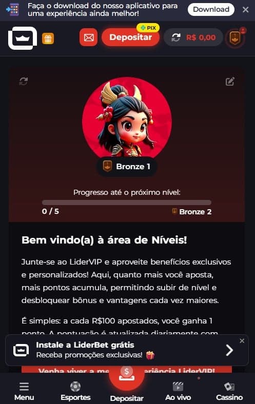 Captura de tela do programa de recompensas LiderVIP da LiderBet.