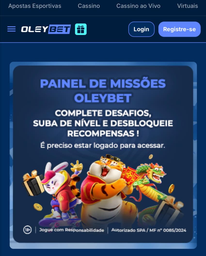 Captura de tela do Painel de Missões com bônus na Oleybet.