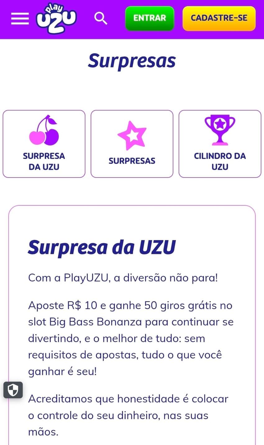 Captura de tela do PlayUZU com a promoção de Surpresas que oferece rodadas grátis no cassino.