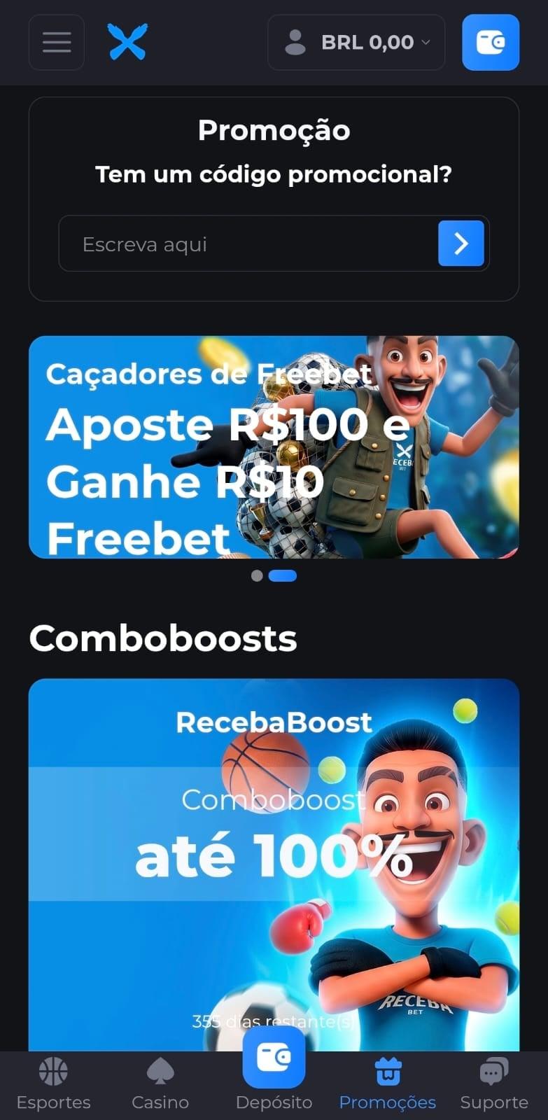 Captura de tela da Receba, uma plataforma nova no Brasil com cashback, aposta grátis e aumento nas apostas múltiplas.
