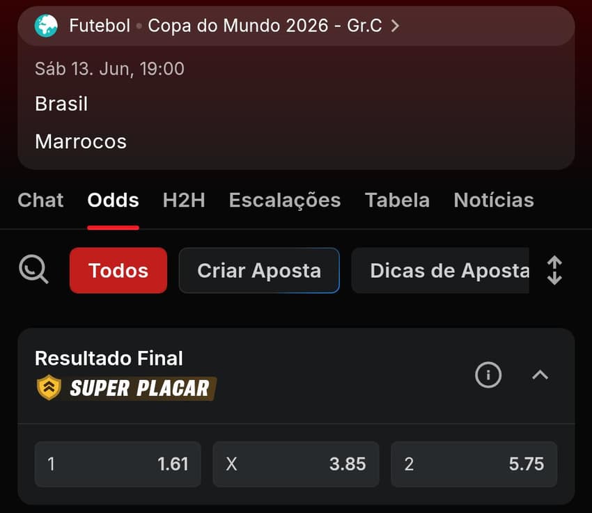 Captura de tela do mercado Resultado Final no jogo Brasil e Marrocos na Copa do Mundo Superbet.