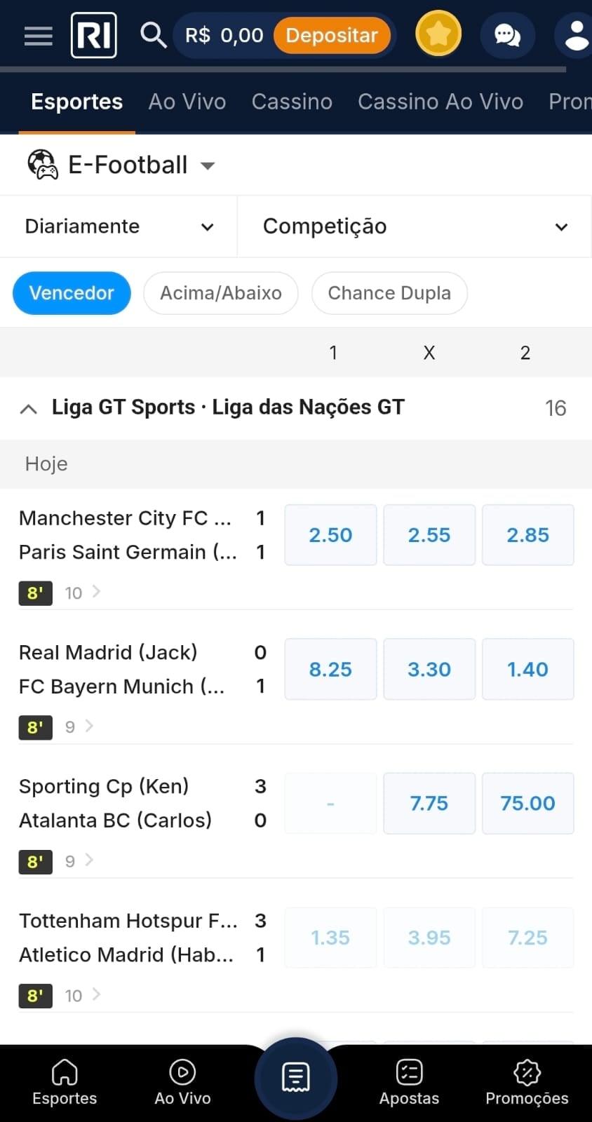 Captura de tela da Rivalo exibindo os jogos disponíveis para apostar em e-Football nos jogos da Liga GT Sports.